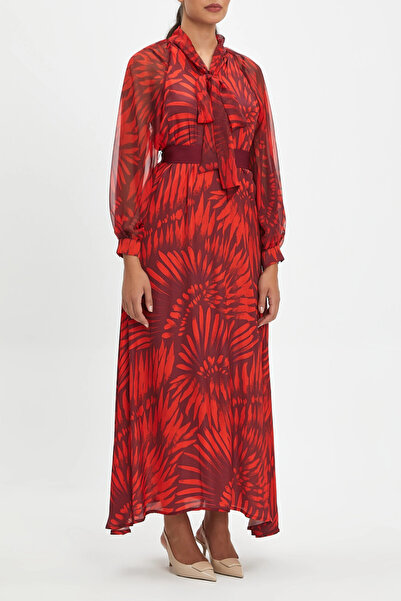 SERPİL Fular Detaylı Kuşaklı Desenli Maxi Boy Bordo Elbise 40379