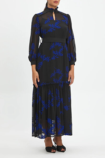 SERPİL Belden Kuşaklı Truvakar Kol Fırfırlı Çiçek Desenli Uzun Saks Elbise 40411