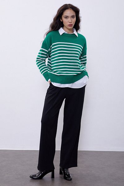 SHERIN Green Striped Crew Neck Knitwear Sweater