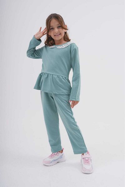 DEVRİMAY TEKSTİL Lace Detailed 2-Piece Tracksuit Set for Girl - Mint