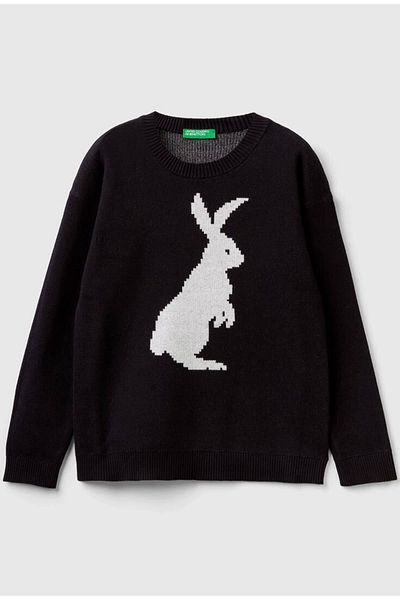 United Colors of Benetton Pulover cu model iepure negru pentru băiat
