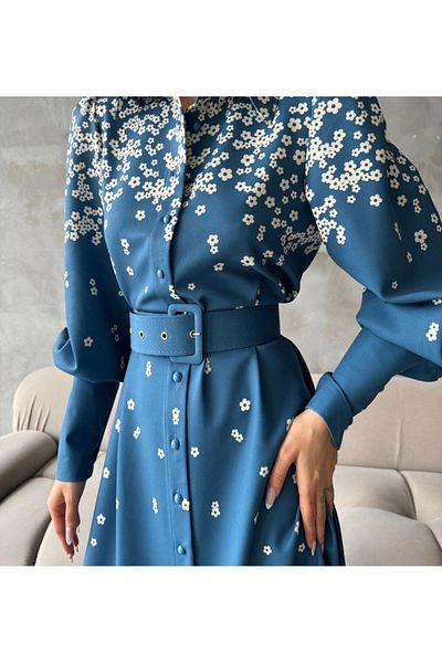 WellWay Rochie din stofă Atlas (CUREA INCLUSĂ)-albastru-4229