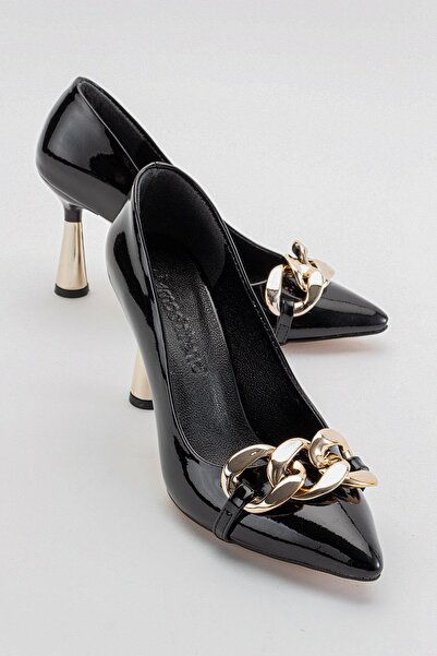 CCWAY AYAKKABI Women's Chain Heeled Shoes Black Patent Leather