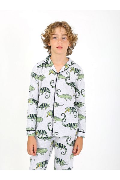 vitmo Boy's Pajama Set Buttoned Tropical Pattern Long Sleeve