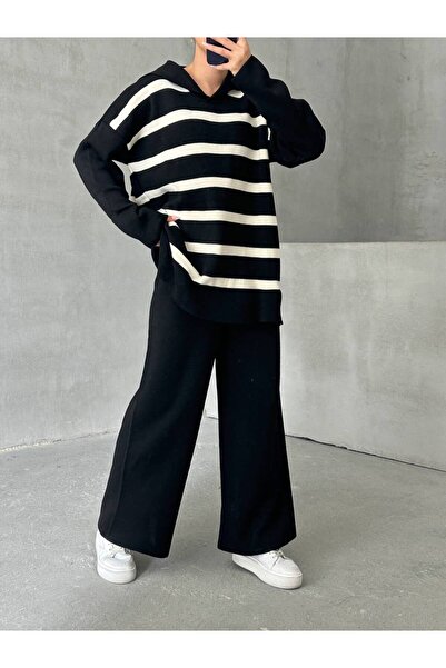 İLKCET MODA Striped V-Neck Knitwear Top and Bottom Set