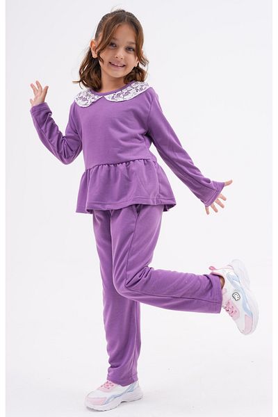 DEVRİMAY TEKSTİL 2-Piece Lace Detailed Tracksuit Set for Girl - Medium Thick Purple