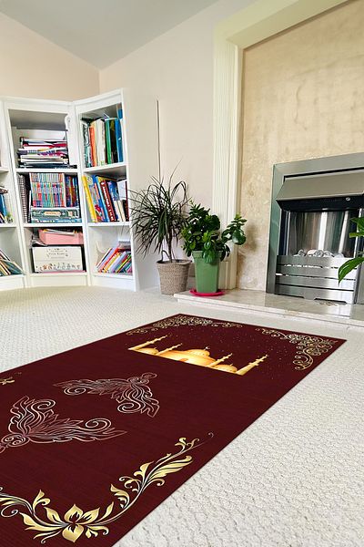 Napoli Home Covor de rugăciune pentru cadou, lavabil, imprimat digital, cu bază anti-alunecare, SECCADE-58-BORDO,