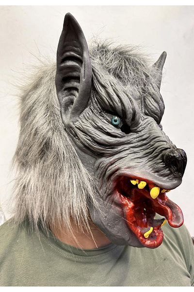 Store Blue Eyed Wolf Mask with Full Snap-On Latex Tongue Out on the Head