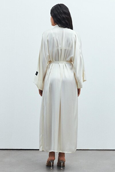 Feu De Elu Ecru Long Satin Dressing Gown -FrappantKimono