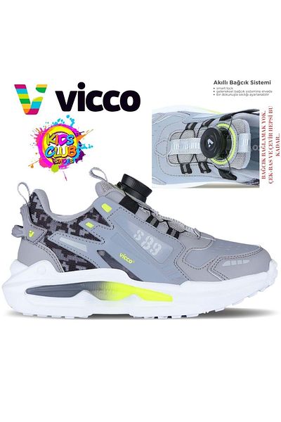 Vicco Code Akıllı Bağcık Mekanizmalı Ortopedik Çocuk Spor Ayakkabı Gri