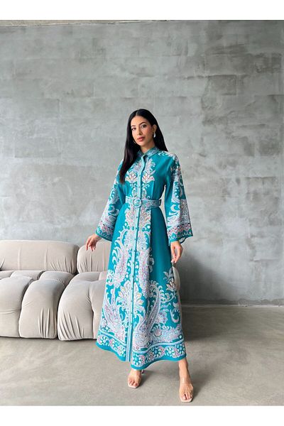 WellWay Rochie din stofă Atlas (CUREA INCLUSĂ)-albastru-4235
