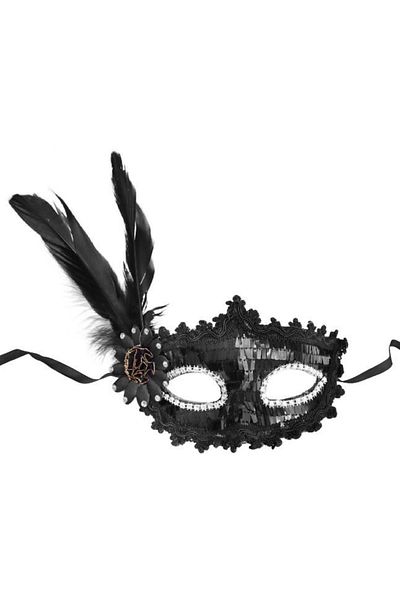 nuit dose Black Sequined Sequin Black Color Side Feather Party Mask 18x22 cm