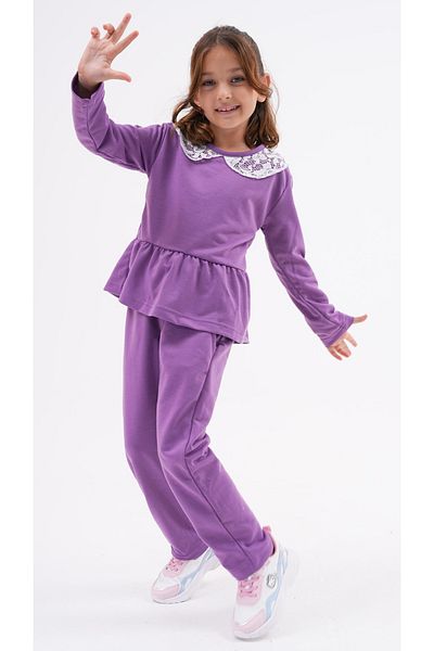 DEVRİMAY TEKSTİL 2-Piece Lace Detailed Tracksuit Set for Girl - Medium Thick Purple