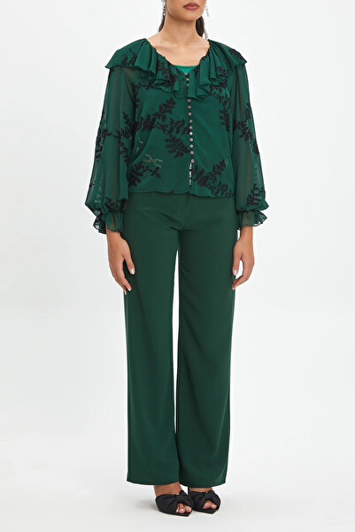 SERPİL Fırfır Yaka Önden Düğmeli Nakışlı Kol Ucu Volanlı Yeşil Siyah Gömlek 3...