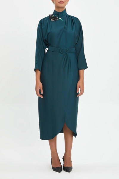 SERPİL Truvakar Kol Dik Yaka Belden Kemerli Petrol Midi Boy Anvelop Elbise 40327