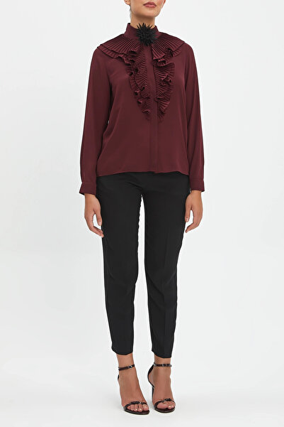 SERPİL Yaka Fırfır ve Çiçek Broşlu Düğmeli Mürdüm Gömlek 40256