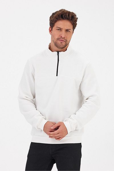 CLIPMAN White Men's Sweatshirt - Comfortable Fit, Half Zipper, 3 Thread