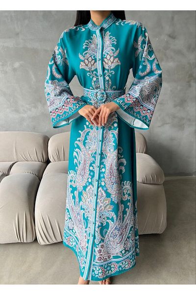 WellWay Rochie din stofă Atlas (CUREA INCLUSĂ)-albastru-4235