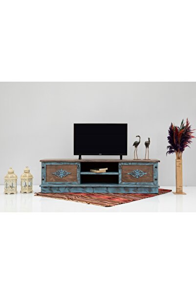 BozYapıDekorasyon 139*35*44 VİZYON Doğal Ahşap TV Ünitesi Mavi Eskitme