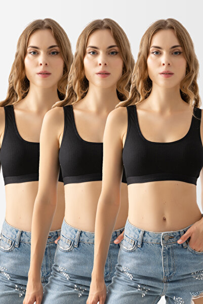 lidya lingerie Kadın Siyah 3 Lü Fitilli Geniş Askılı Çıkarılabilir Pedli Yarı...