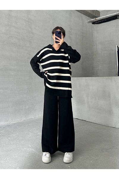 İLKCET MODA طقم علوي وسفلي مخطط برقبة على شكل حرف V