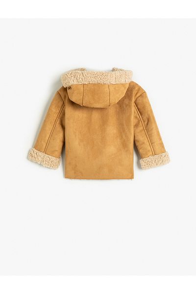 Koton Suede Look Hooded Jacket - Plush Lined and Pocket Detailed
