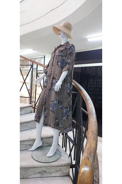Bohem Stil Ιταλικό πουκάμισο γιακάς με μακρυμάνικο ψηφιακό εμπριμέ λινό φόρεμα