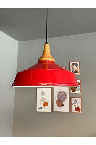 Bamyum Red Retro Pendant Lamp - Inverted Mushroom Head, Single Wooden Chandelier - For Office, Showroom, Living Room and Kitchen