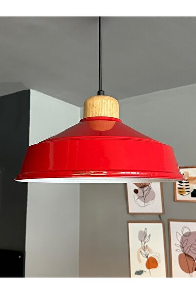 Bamyum Kırmızı Tekli Avize Ahşap Başlık Retro Sarkıt Lamba Restoran Salon Ayd...