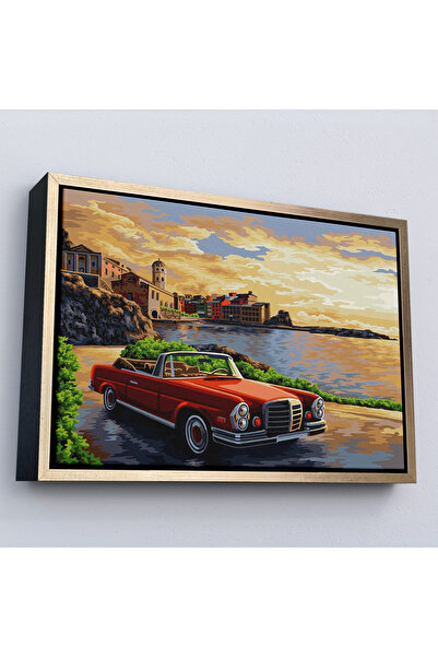 Oxyteez Pictură roșie clasică pe plajă cu cadru din lemn-7201