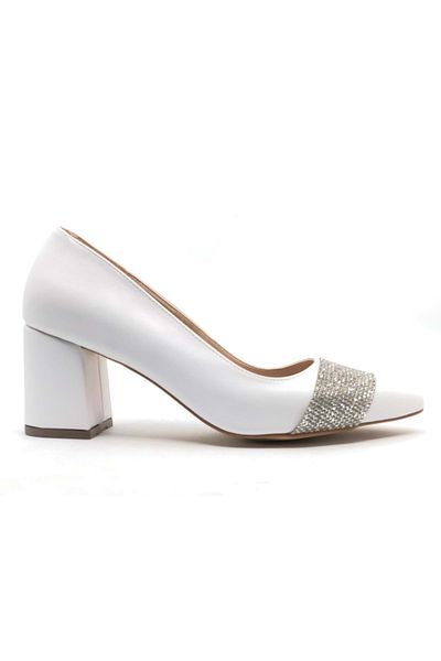 KCMN Mehtap Thick Stripe Stone Detailed 6 cm Heeled Women's Classic Shoes WHITE