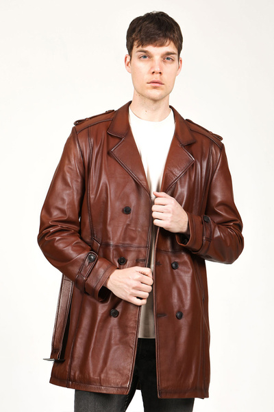 Dericlub DERİCLUB Getafe Erkek Kruvaze Yaka Hakiki Deri Trençkot KANYAK