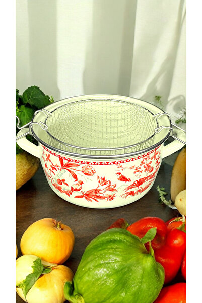 emaye market 22cm Enameled Chips Vegetable French Fries Pot Fryer Decorated Inside and Outside White Enamel