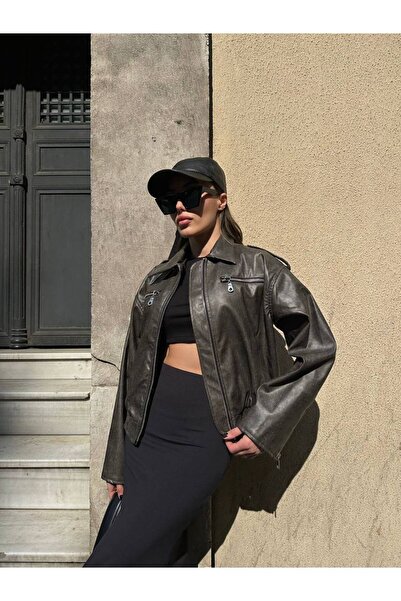 Hotfashion Fermuarlı Desenli Deri Ceket Siyah