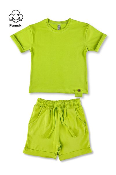difa kids Three Piece Set Wooden Button Design Summer Neon Yellow Blue Black Girl Boy Unisex Bottom Top Set