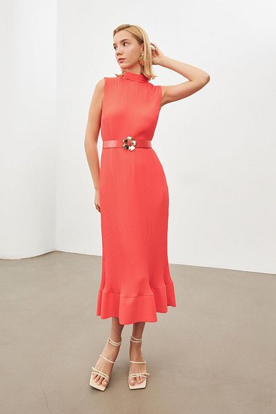 Setre Rochie midi Coral cu pliuri și detaliu curea - Guler în picioare