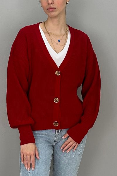 Tam Moda Red Knitwear Women's Cardigan - Thessaloniki Knitted, Three Buttons