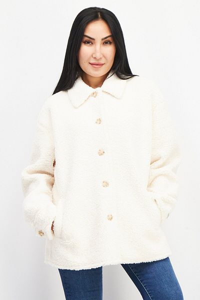 NA-KD Women Spread Collar Long Sleeve Buttoned Teddy Jacket, Cream