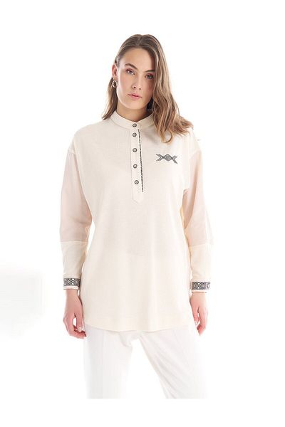 Kayra Fabric Mixed Embroidered Tunic Ecru