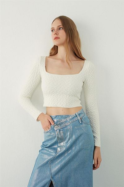 SHERIN Ecru Square Collar Knitwear Blouse