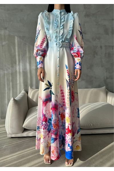 WellWay Rochie din stofă Atlas (CUREA INCLUSĂ)-albastru-2411 Nhn116