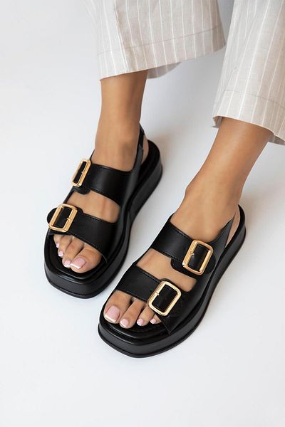 STRASWANS Renato Women's - Black Leather Casual Sandals with Buckle Detail