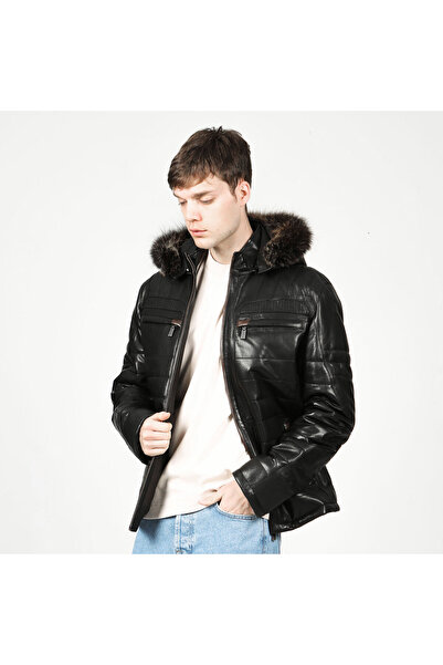 Dericlub E1039 Kapüşonlu Gerçek Deri Erkek Kaban Siyah