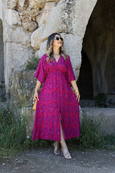 bytugcekaya Cherry Color Dress with Bat Sleeve and Slit Detail