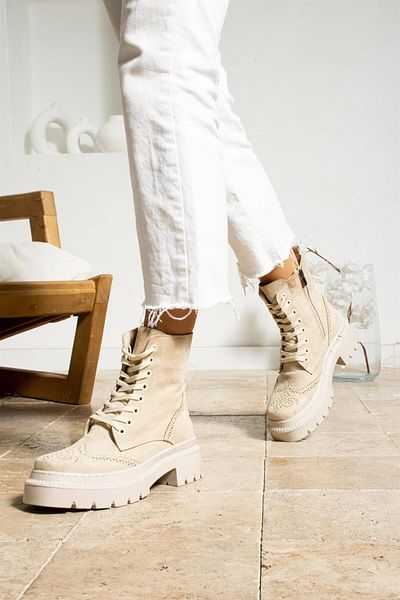 ShoeTek Aracelia Γυναικείες Μπότες & Μποτάκια Lace Up Boots Beige Suede