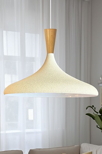 Bamyum 45 cm Çaplı XL Dokulu Açık Krem Huni Ahşap Başlık Avize Tekli Sarkıt R...