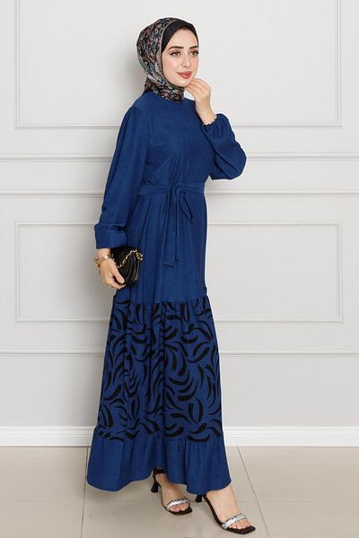 Sevitli Saks Blue Patterned Karin Dress