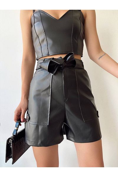 prova Large Pocket Detailed Leather Woven Shorts with Belted Waistband Misssr 240086