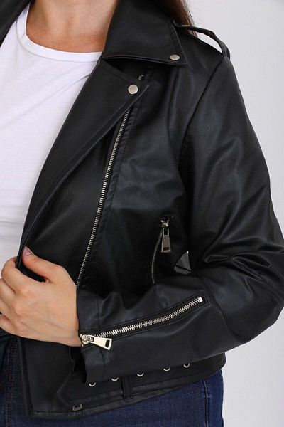 MEYASU Women's Large Size Black Belted Leather Biker Jacket