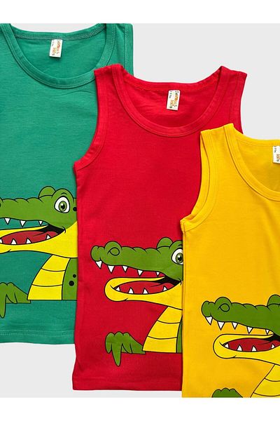 elmas kids Boys' Cotton Red Green Yellow Crocodile Patterned 3-Piece Undershirt
